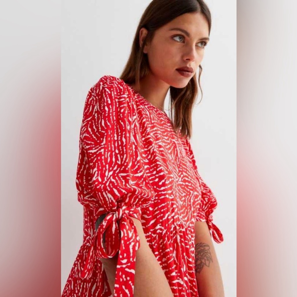 New Look Red Animal Print Tie Sleeve Tiered Midi Dress | NWT | Sz 4 - Picture 3 of 8